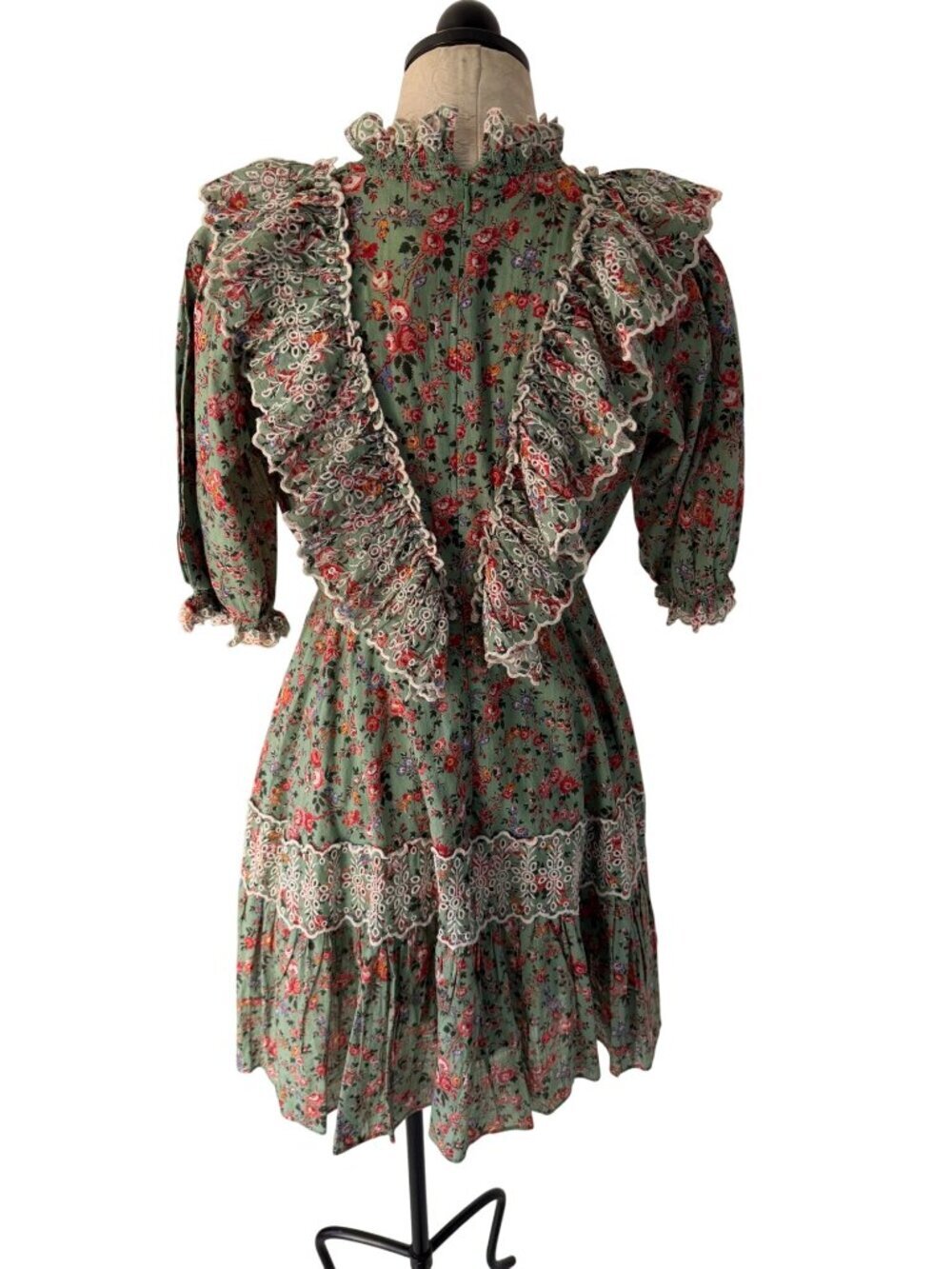 byTimo Womens Eyelet Lace Trim Ruffle Bodice Floral Mini Dress Size M Green Boho - Picture 10 of 10